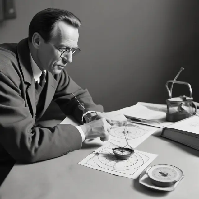 Arnold Bernhard examining two compasses symbolizing the Value Line Geometric and Arithmetic Composite Indices, reflecting rigorous research and market analysis