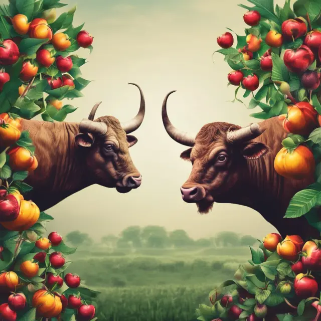 Two stylized bulls representing Value and Growth Investing stand before a lush garden of stocks. Each bull holds fruit symbolizing the advantages of their respective strategies.