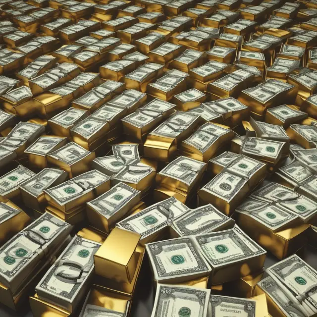 Golden nuggets symbolizing value stocks from large money center banks amidst a tranquil financial sea with a compass and magnifying glass for exploration