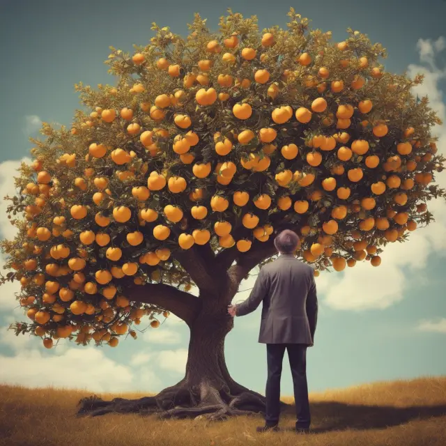 A value investor happily picking golden apples (undervalued stocks) from an abundant ETF orchard