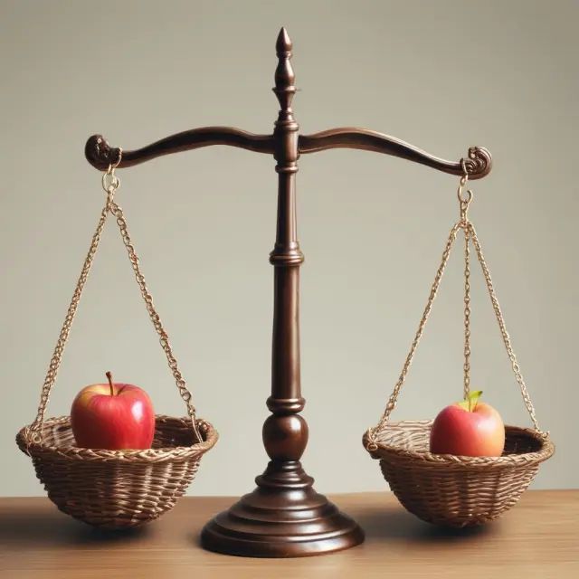 Golden apples in the value basket of a balance scale contrasting against growth sector elements. Stable, undervalued stocks waiting for recognition.