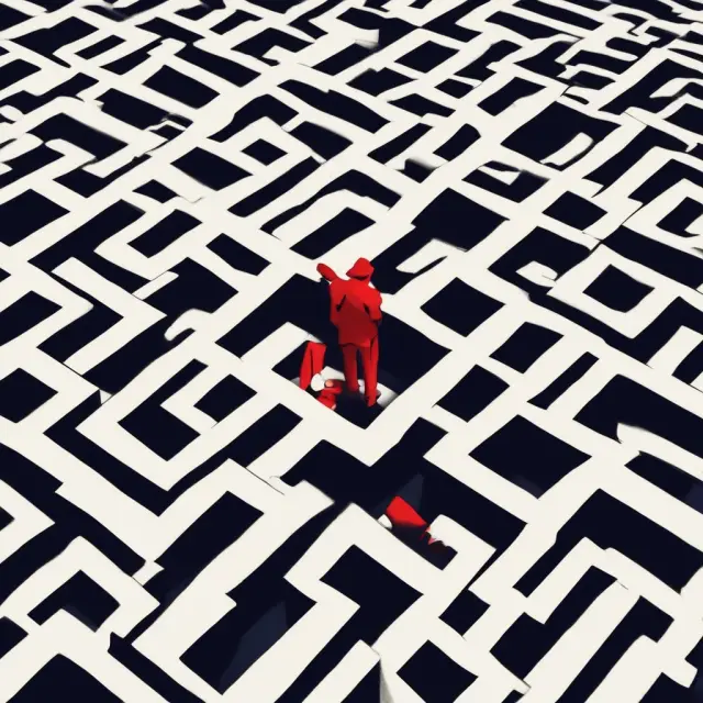 A labyrinth illustrating value traps with dead-end corridors and mirages representing misleading cheap valuations.