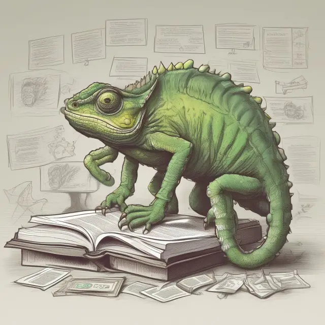 An image of a chameleon, camouflaged amidst various fundamental analysis tools like financial statements and charts, symbolizing the danger of value traps in disguise.