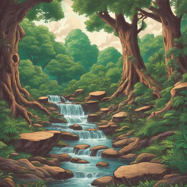Value investor journeying through a jungle, assessing competitive landscape (trees), innovation (flowers), cost management (tree stumps), executive management (stones), and revenue growth (waterfall)