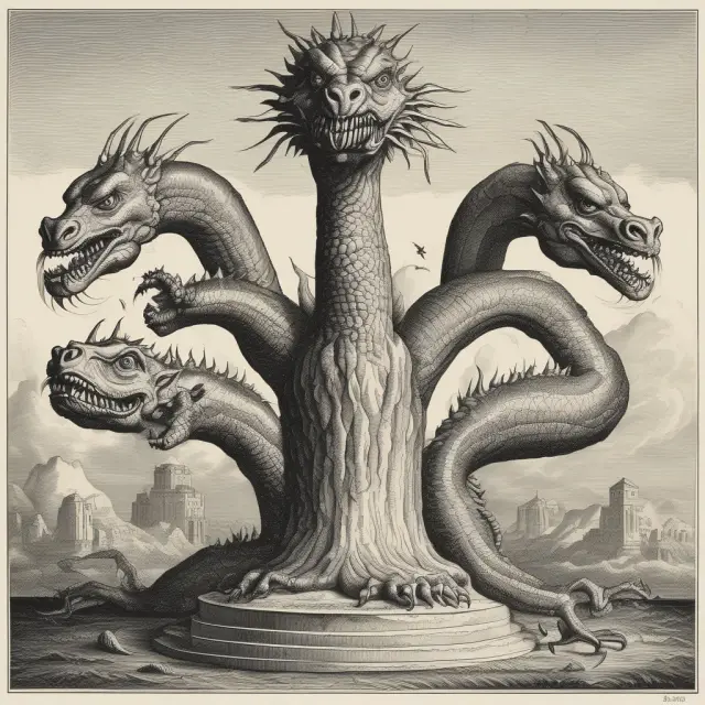 A three-headed hydra representing value traps in Media, Industrials, and Banking industries