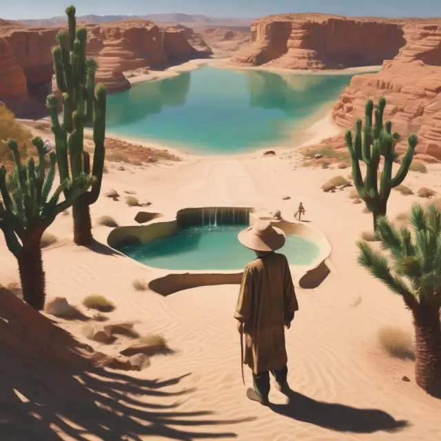 A mirage representing value traps in the desert of investments, with investors on camels researching, evaluating management, and diversifying their portfolios to reach the hidden oasis
