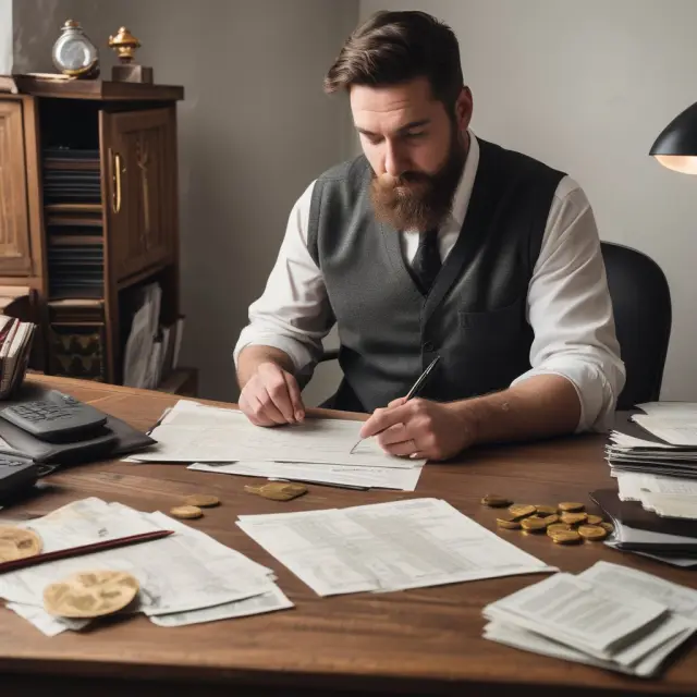 An investor examines VAMI charts, evaluating asset allocation strategies and fund performance at an antique desk filled with gold coins and financial records