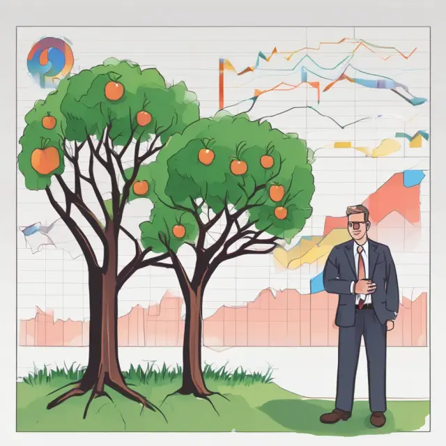 Institutional investor utilizing VAMI charts for fund performance analysis, represented by trees of various heights and widths growing in a lush orchard
