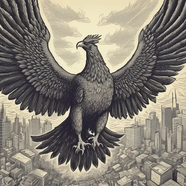 A phoenix emerging from flames and debris, symbolizing the transformation of Vancouver Stock Exchange into TSX Venture Exchange