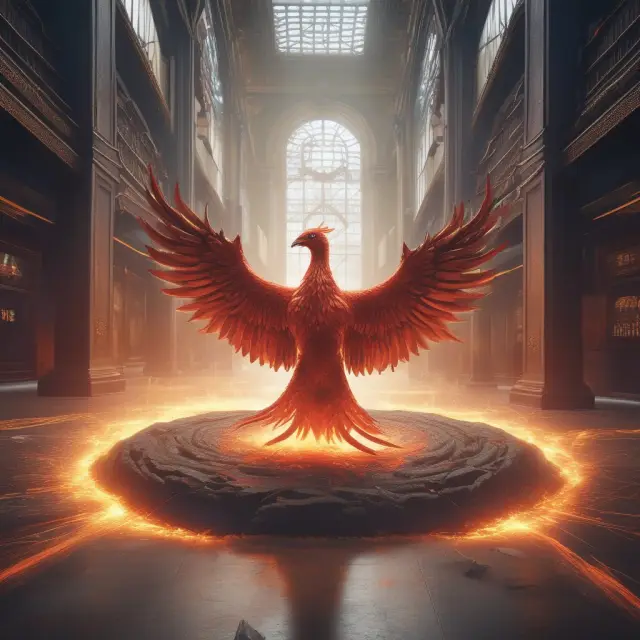 A phoenix rising from the ruins of a traditional stock exchange floor, symbolizing technological advancements in Vancouver