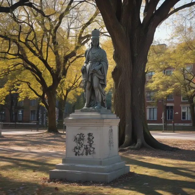 An image of a graffitied statue and a broken window representing intentional and unintentional property damage