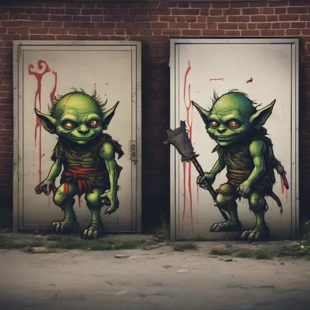 Goblins illustrating the differences between vandalism and malicious mischief at a crossroads