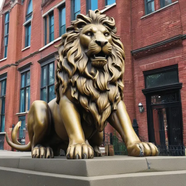 A powerful lion, symbolizing protection and vigilance, stands guard over a thriving community