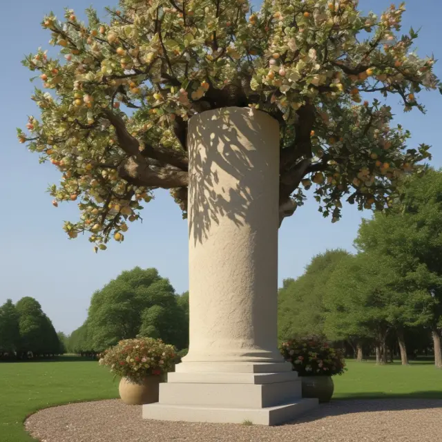 Ripe fruit tree representing retirement planning, and Microsoft as a solid stone pillar symbolizing core business strategies