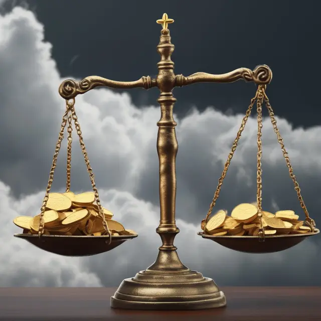 A balance scale with golden coins (rewards) on one side and a storm cloud (risks) on the other, symbolizing the risks and rewards of writing a vanilla option