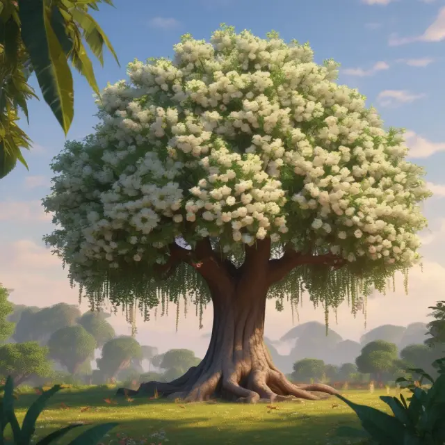 A vanilla options tree brimming with exotic flower buds and binary fruit clusters, representing the diverse range of financial instruments derived from vanilla options