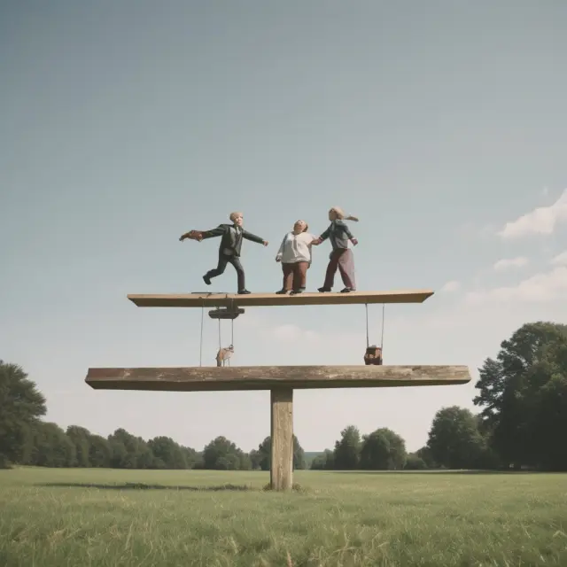 Insurance representatives and policyholders on a seesaw, representing controversial vanishing premium policies