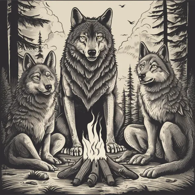 Three wolves representing Whole Life Insurance, Term Life Insurance, and Investment options gather around a campfire of alternatives to vanishing premium policies