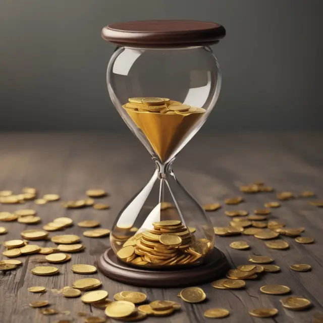 An hourglass filled with gold coins represents the concept of vanishing premiums in insurance. The golden sand trickles away, illustrating the allure and potential deception surrounding this feature.