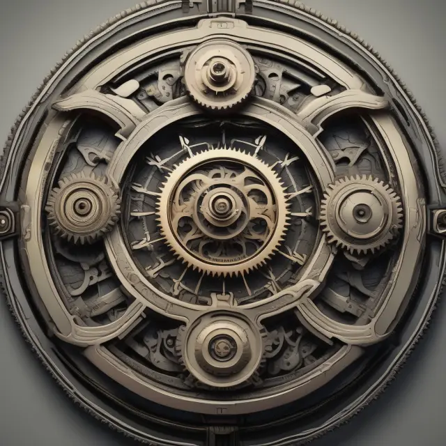 Gears symbolizing factors (credit usage, mix, payment history, new accounts, age) forming a functioning VantageScore clockwork mechanism