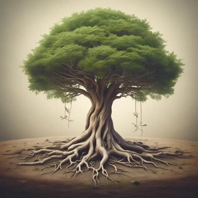 A mature tree with deep roots illustrating the importance of age in credit history, while a budding sapling signifies new account openings impact on VantageScore