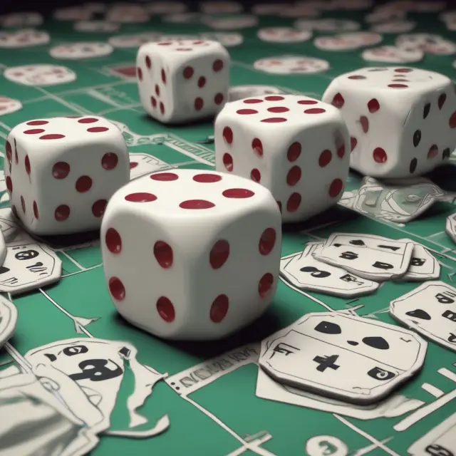 Monte Carlo simulation: thousands of dice rolls generating potential financial outcomes for risk assessment