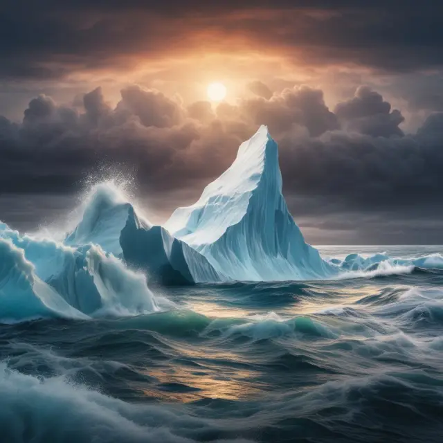 An unstable iceberg with VaR calculation represents the core, surrounded by a stormy sea symbolizing interconnected risks (extreme events, correlated positions, and liquidity)