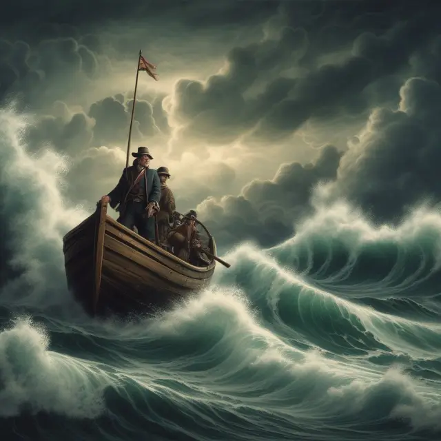 Stormy sea symbolizing historical data, an investor paddling a raft (VaR) to measure potential losses