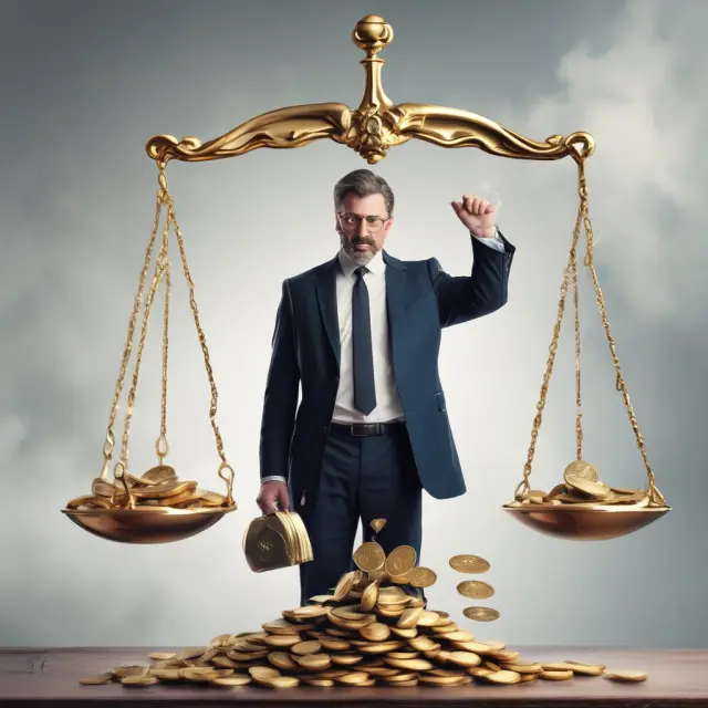 A man named William Sharpe balances a scale with gold coins, signifying portfolio returns. One side depicts lower risk and reward, while the other portrays higher volatility.