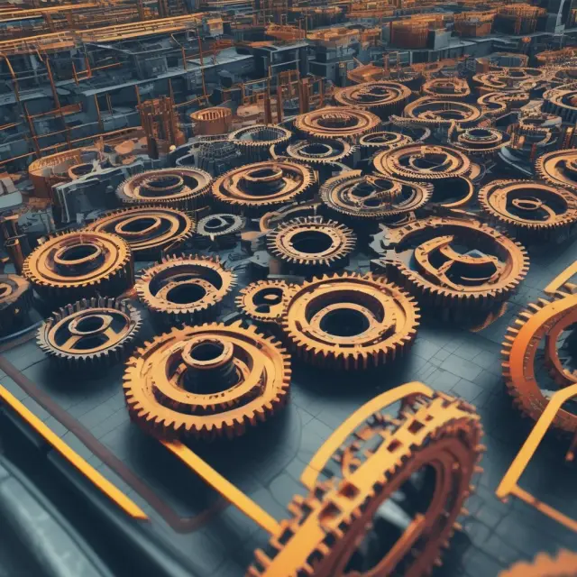 A manufacturing plant filled with interconnected gears representing various industries employing variable cost-plus pricing to manage their operational costs and remain competitive.