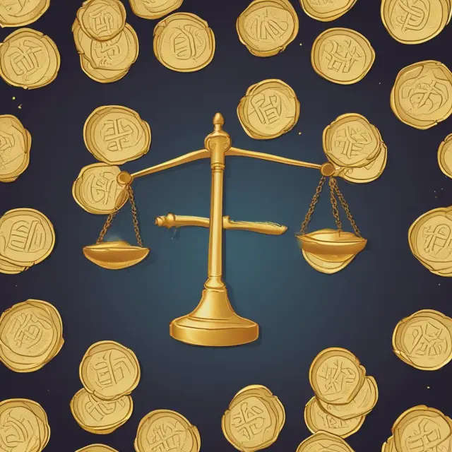 Golden scales with moving coins labeled 