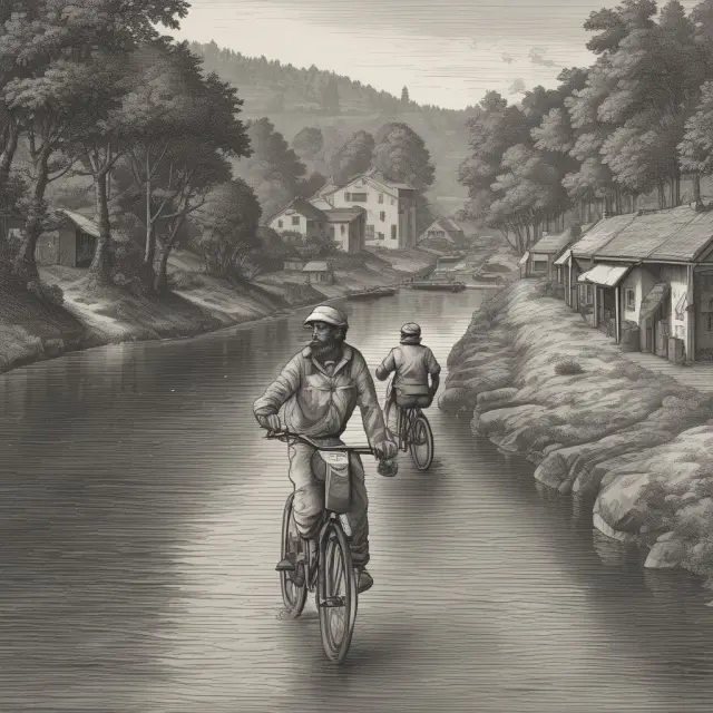 A factory worker calculates the variable cost ratio of a bicycle manufacturing company, symbolized by a river current flowing to determine optimal sales price.