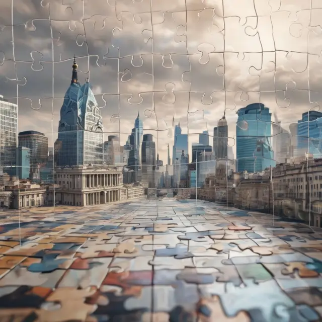 An image of various interconnected financial institutions forming a complete puzzle, symbolizing transparency and accurate reporting in relation to VIEs