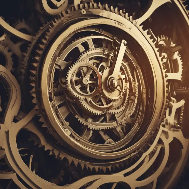 A metaphorical representation of calculating variable overhead efficiency variance with an industrial clockwork scene and hourglass measuring the difference between actual and budgeted labor hours.