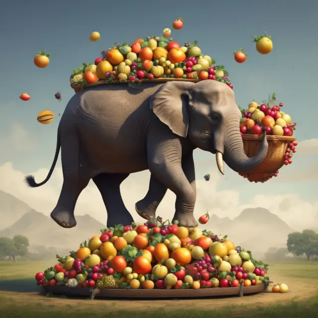 An elephant balances scales with variable overhead costs as baskets of fruits; economies of scale represented by ripe fruit clusters while errors are shown as scattered, misshaped fruits.