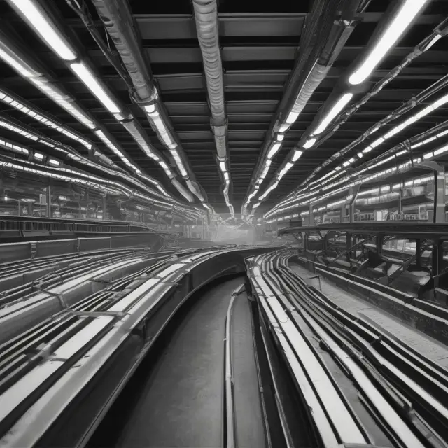 A dynamic scene of raw materials flowing through a conveyor belt powered by energy sources, representing the fluctuating nature of variable overhead costs in production