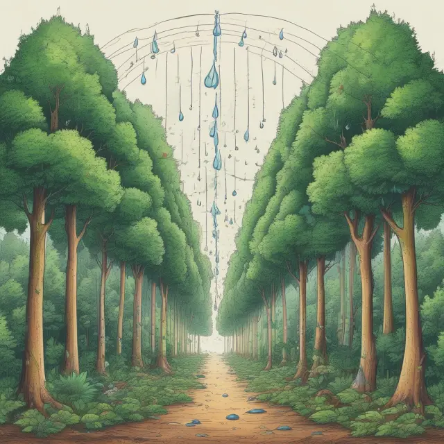 A raindrop falling through an economic forest absorbs variable overhead costs represented by leaves and branches