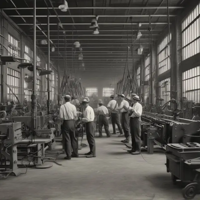 A factory team fine-tuning production processes to minimize variable overhead costs, depicted as levers and strings