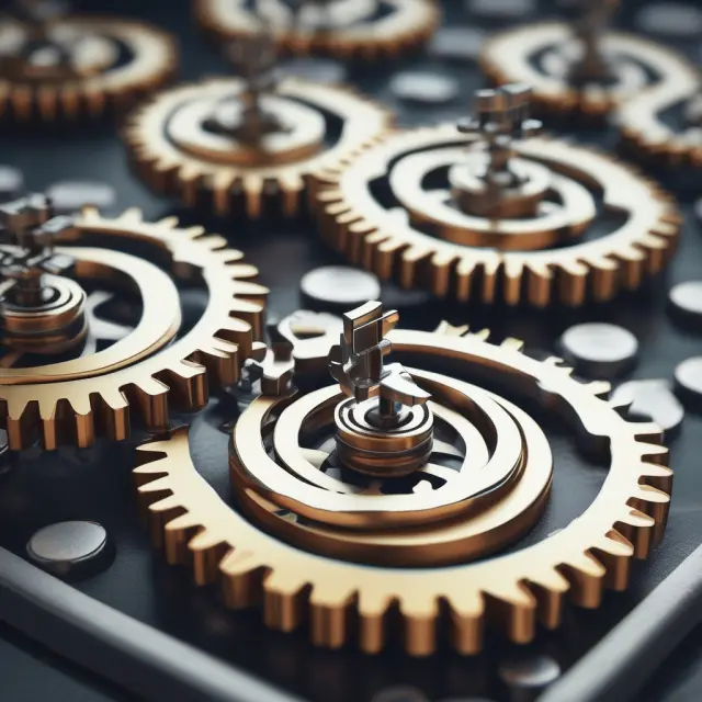 A gear assembly line with cogs displaying dollar signs to represent the variable overhead costs influencing pricing for each produced unit