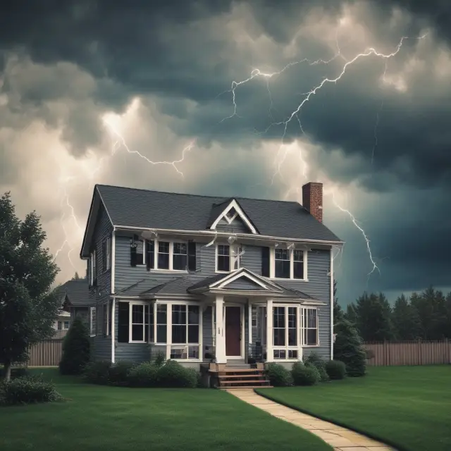 A turbulent sky with rising mortgage interest rates in the form of heavy raindrops, illustrating the financial storm homeowners might face when considering a variable rate mortgage.