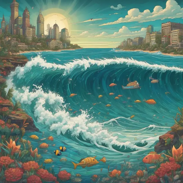 A mosaic of variable-rate demand bonds with interest rate risk represented by a tidal wave, and liquidity risk indicated as hidden reefs