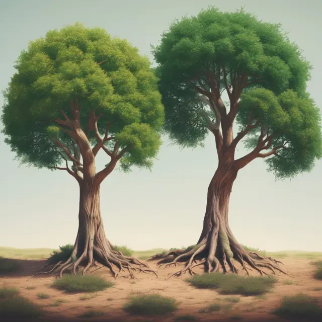 Two interconnected trees representing variable survivorship and traditional life insurance policies. One tree adapts to market fluctuations, while the other remains consistent.