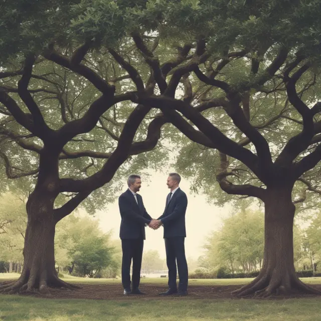 Two investors shaking hands below a tree with interconnected roots, representing the less stringent underwriting process for variable survivorship life insurance.