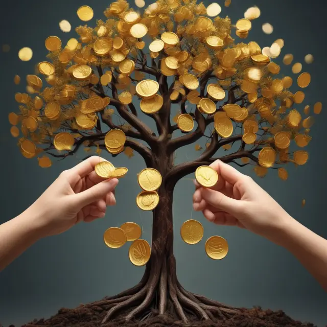 Image: Two hands releasing gold coins into a growing tree with various investment branches, representing cost savings and flexible investment opportunities in variable survivorship life insurance.