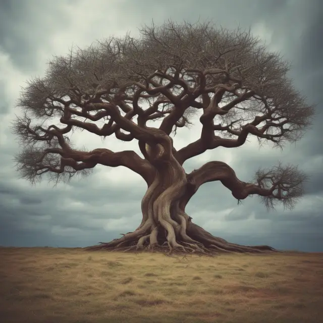 Two resilient trees growing together through financial turbulence, representing cost savings and tax efficiency in Variable Survivorship Life Insurance.