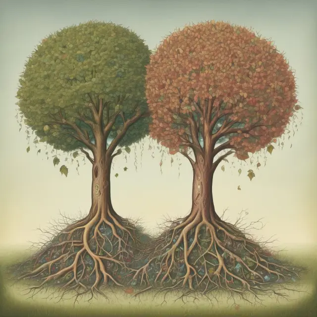 Two interconnected trees symbolizing insured parties passing away; their merging roots provide a new tree for beneficiaries to receive life-enhancing benefits