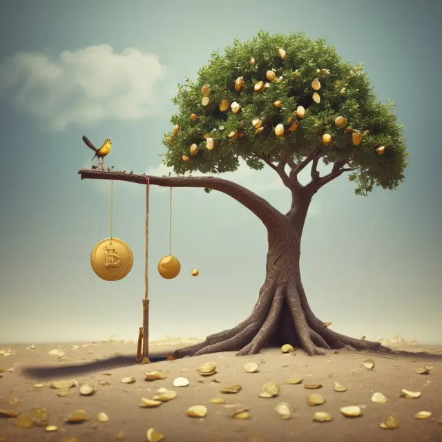 Seesaw with gold coins signifying investments and a fruitful tree representing survivorship life insurance