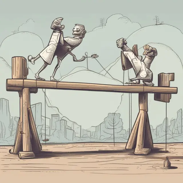 Trader on a seesaw balances call options at different strike prices, visualizing a complex options trading strategy: Variable Ratio Write.