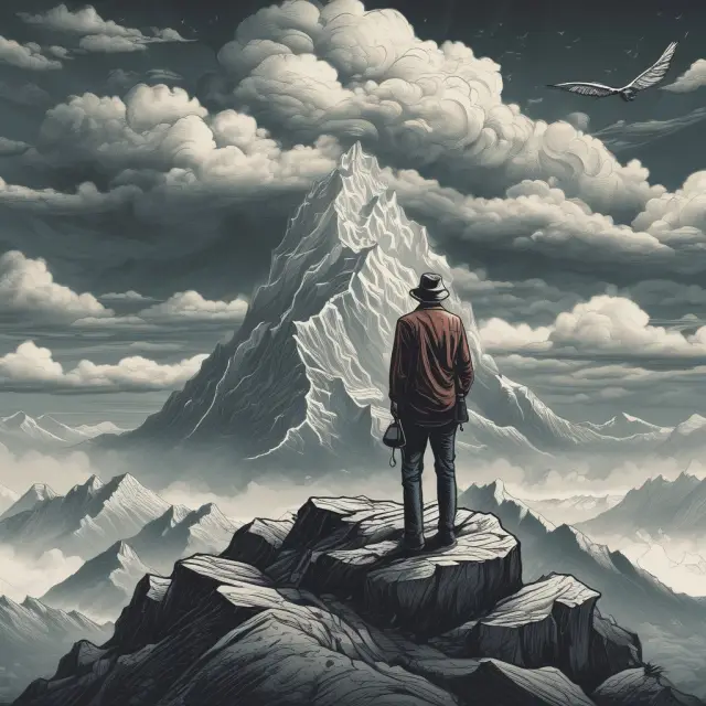 Trader on mountain peak selling call options at varying strike prices, generating income amidst economic turmoil