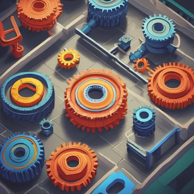 A complex machine with five interconnected gears representing the variable cost elements: raw materials, direct labor, commissions, utilities, and shipping.